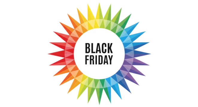 Black friday text inside a colorful sunburst pattern isolated on transparent background