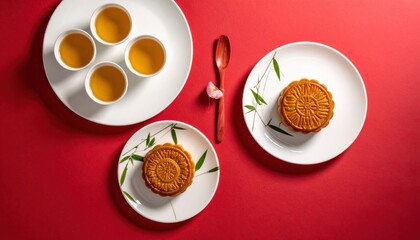 Elegant mooncake festival arrangement featuring mooncakes and tea on red background showcasing
