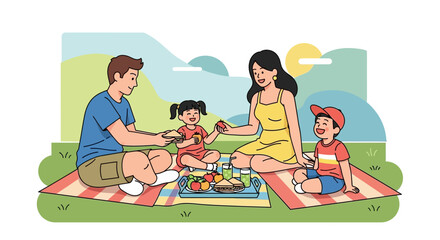 Family Joyfully Enjoying Outdoor Picnic Gathering on a Cheerful Summer Day