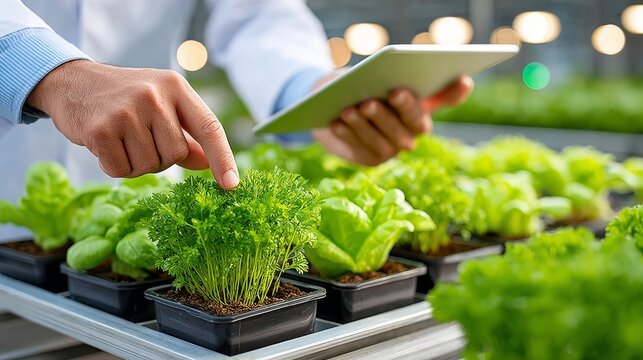 Investigador o agricultor con bata blanca inspeccionando plantas verdes en una instalaci&oacute;n de agricultura hidrop&oacute;nica, usando una tableta para recopilar datos.