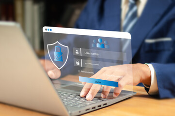 Cybersecurity protects login and secure internet access, Businessman secure data on laptop with encryption and network protection. Secure login and digital privacy, Business confidentiality.