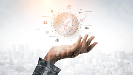 Global business network connecting digital economy and data exchange. Global business expands market, business shares data, global drives finance, and global business supports insight. Vouch