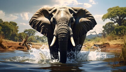 Majestic African Elephant Walking Through Water in a Vibrant Safari Landscape.