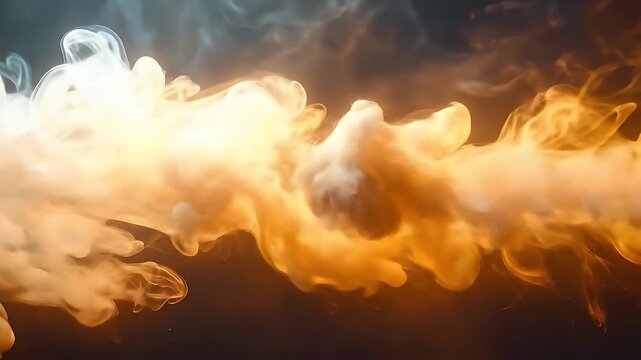 Abstract Golden and White Smoke Against Dark Background Illuminated from the Right Side Creating a Dynamic and Dreamy Visual Effect Optimized for Adobe Stock