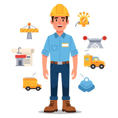 Smiling male professional in a hard hat, surrounded by essential tools and machinery, embodying the spirit of the modern construction industry and engineering projects.