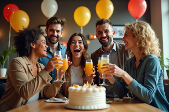 Corporate birthday party. Team celebrating in office with cake. Happy colleagues clapping and smiling. Workplace event with balloons. Group celebration at work.