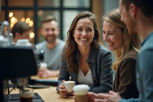 Business meeting with coffee. Happy colleagues chatting in office. Friends enjoying coffee break at work. Team bonding with drinks. Corporate conversation moment.