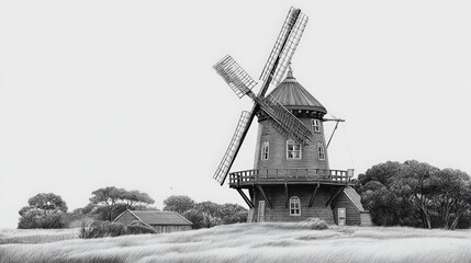 A vintage windmill standing tall in a countryside landscape. A classic windmill with a rich history, with trees in the background. pencil sketch, realistic drawing, black and white