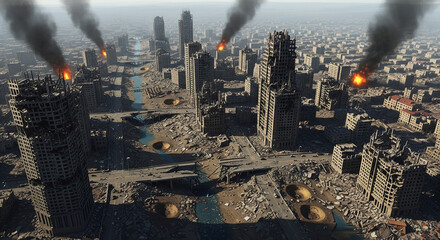Aerial View of War-Torn City with Rubble and Smoke in Grim Atmosphere