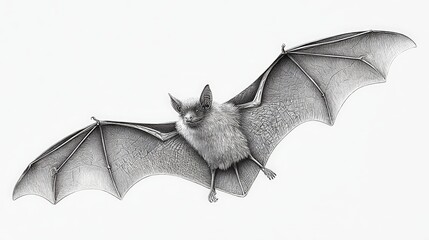 A grayscale detailed of a bat in flight. The bat's wings are spread wide, showing its intricate structure, isolated on a backdrop. pencil sketch, realistic drawing, black and white