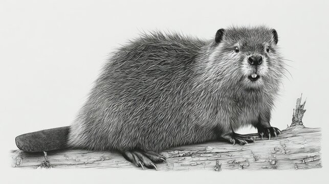 A detailed black and white illustration of a beaver sitting on a tree branch. The beaver appears to be a North American species. pencil sketch, realistic drawing, black and white - Powered by Adobe