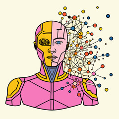 Half Human Half Robot Head with Colorful Exploding Network
