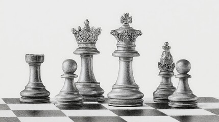 Chess pieces on a chessboard, set against a neutral background, with a focus on the strategic elements of the game. pencil sketch, realistic drawing, black and white