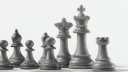 A collection of chess pieces positioned on the chess board, ready for a strategic game. The black pieces include the king, queen, rook, bishop. pencil sketch, realistic drawing, black and white