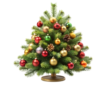 Mini festive christmas tree adorned with colorful ornaments and pinecones  on transparent background