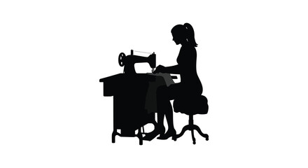 Silhouette of a woman diligently sewing on a vintage sewing machine at a table