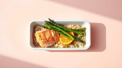Healthy lunch box featuring a gourmet meal of grilled salmon fillet, fresh green asparagus, and a slice of lemon on a bed of rice, viewed from above on a pink surface