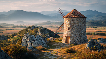 Old windmill stands majestically on hilltop surrounded by rural landscape under clear blue sky, showcasing timeless beauty and serene countryside atmosphere