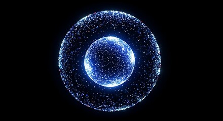 Abstract glowing blue orb composed of countless tiny particles and light dots against a dark background representing energy data or a digital nucleus