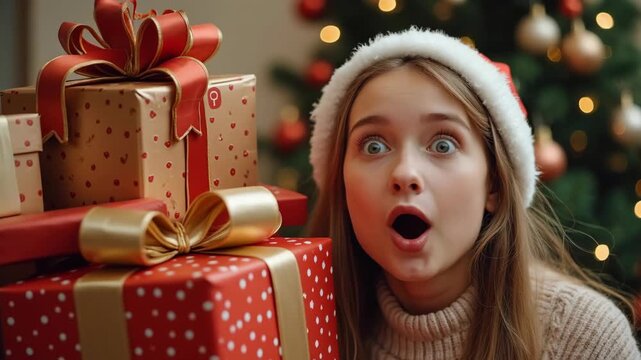 Close-up of a person standing beside a giant gift box stacked with ribbons and ornaments, conveying wonder and surprise
