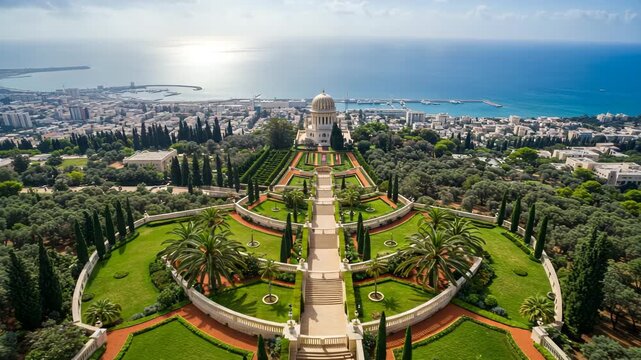 Terraced Garden Axis in Warm Light, Golden Dome and Sea Beyond