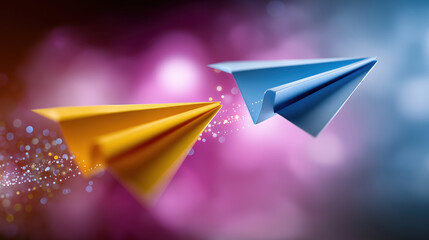 Colorful paper airplanes soaring through a dreamy background