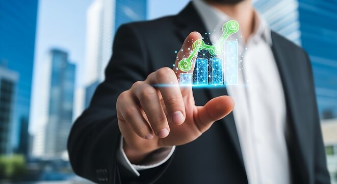 Man in suit interacting with digital graph and robotic arm over city background on a bright day