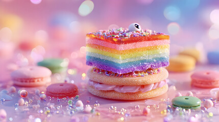 Whimsical candy inspired dessert with rainbow colors for festive celebrations