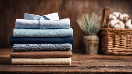 Neatly arranged pile of freshly ironed shirts and pants on a rustic wooden table, showcasing vibrant colors and textures, perfect for home organization and fashion styling