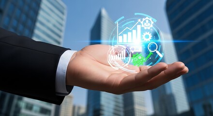 A hand holding a holographic display with charts and graphs against a cityscape background view