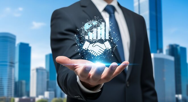 A businessman holding a digital globe with a handshake icon in front of a city skyline view - Powered by Adobe