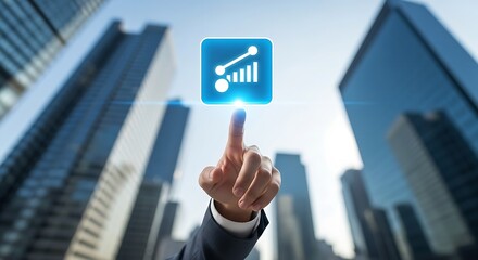 Hand touches a blue square with a rising graph icon against a backdrop of tall city buildings
