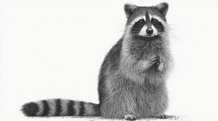 A charming raccoon standing gracefully with a focused expression. The raccoon displays a ringed tail and a masked face. pencil sketch, realistic drawing, black and white