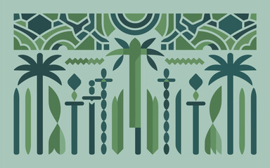Geometric abstract pattern with palm trees and organic shapes