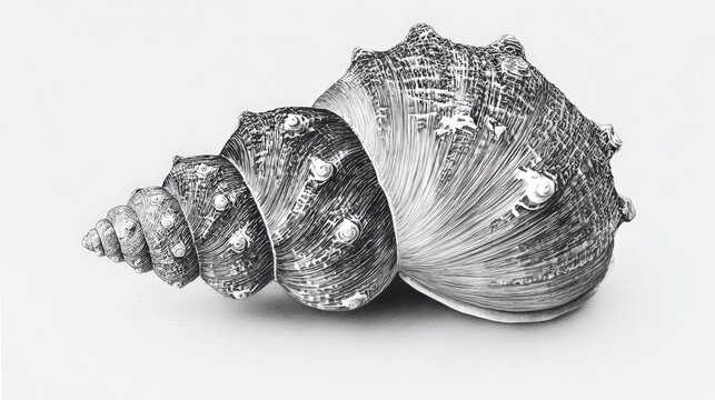 A detailed black and white photo of a beautiful seashell, showcasing its intricate spiral and texture. pencil sketch, realistic drawing, black and white