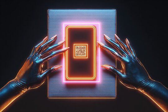Futuristic hands interact with glowing smartphone displaying QR