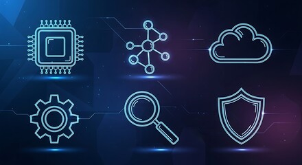 Neon technology icons including a cpu, network, cloud, gear, magnifying glass, and a shield on blue