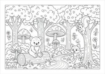 Illustration of cute bear and fox in forest with mushrooms, trees, squirrel for coloring book
