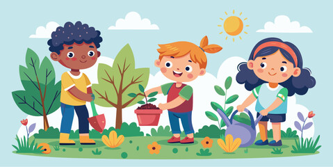 Naklejka premium Smiling children planting and watering plants in a sunny garden surrounded by trees and flowers