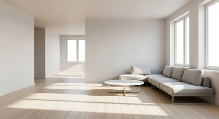 Fototapeta premium Modern minimalist living room interior design with sofa and windows for architecture inspiration