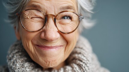 Elderly Woman Smiling in Glasses, Close-Up Portrait