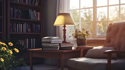 Rustic wooden reading table with a stack of books a cozy reading lamp and a comfortable chair beside a large window letting in soft morning light creating an inviting reading nook