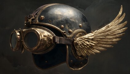 Fototapeta premium Futuristic Steampunk Helmet with Goggles and Metal Wings. Generative AI