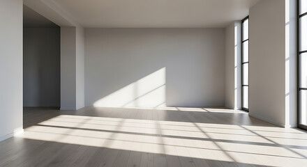 Empty room interior design with sunlight streaming in through windows real estate home staging concept