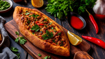 Turkish fast food, Turkish pide dish on wooden table, top view of delicious traditional Turkish cuisine dish