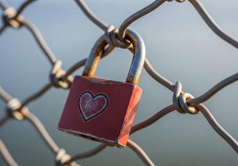 A red heartshaped padlock locked on a wire fence, symbolizing love, commitment, and eternal bond