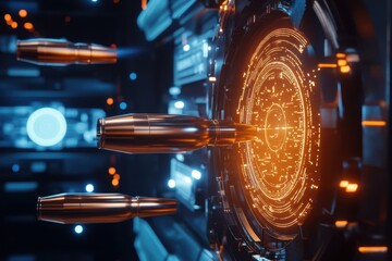 High-tech ammunition targeting system in a futuristic control room illuminated by blue lights