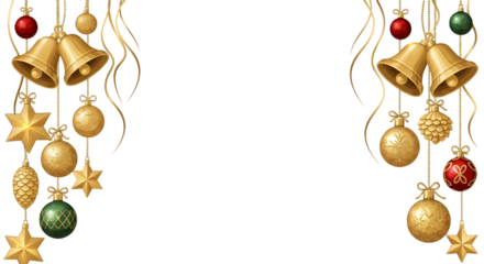 Golden Christmas bells, stars, and festive ornaments hanging from ribbons, creating a holiday border on a white background.