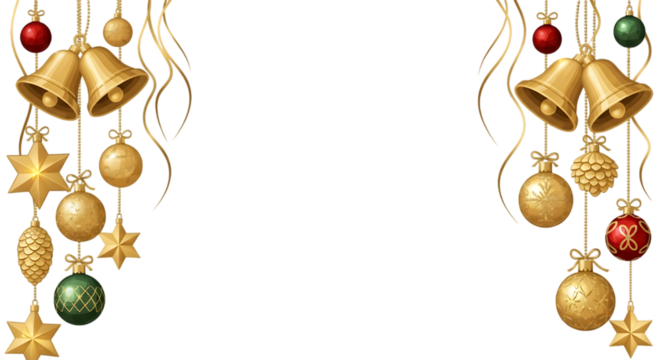 Golden Christmas bells, stars, and festive ornaments hanging from ribbons, creating a holiday border on a white background.