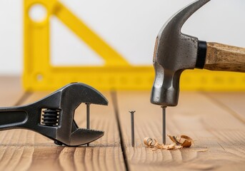 A closeup shot of a hammer hitting a nail on a wooden surface, with a wrench holding another nail and a yellow square ruler in the background